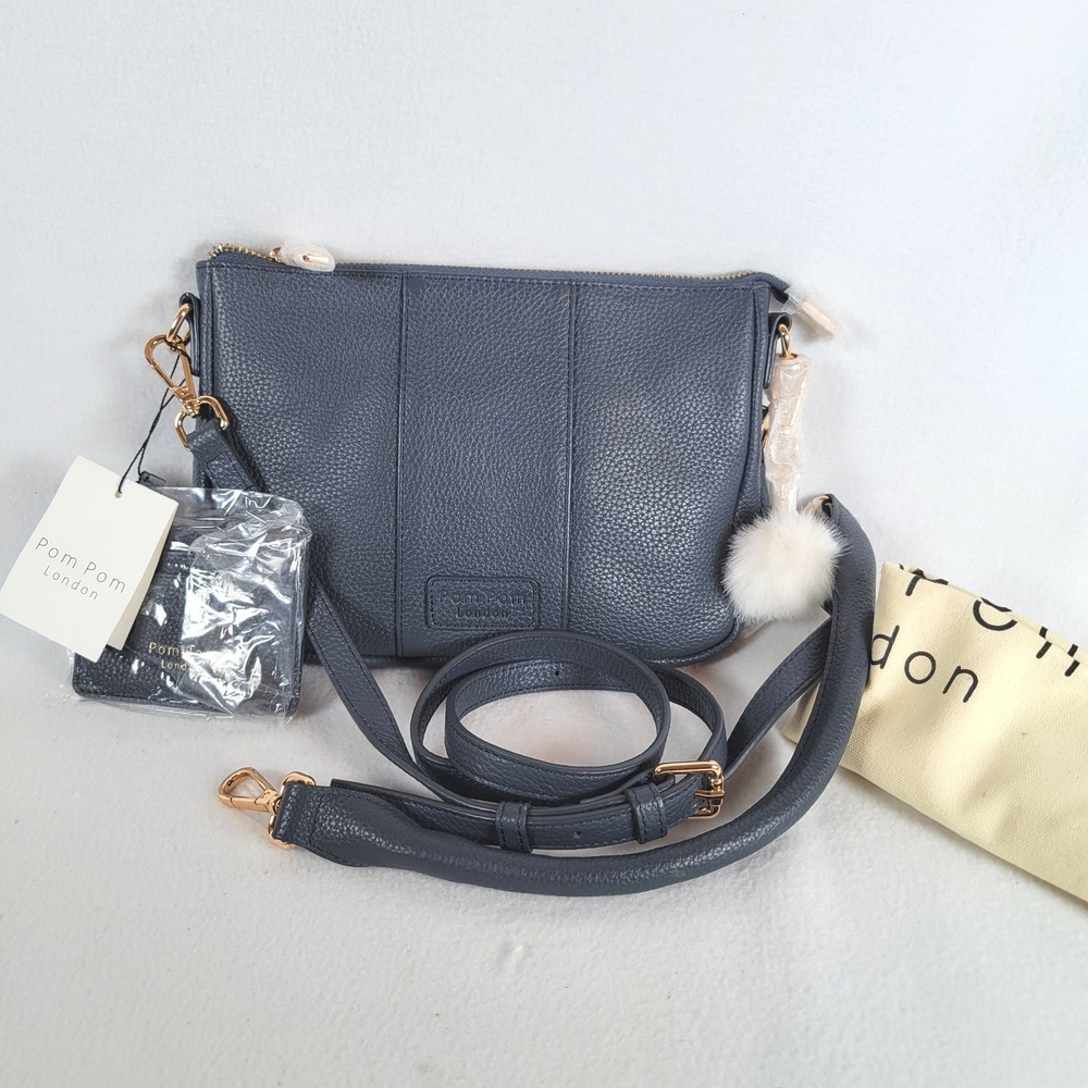 Pom Pom London Womens City Lite Small Crossbody Bag Pebble Leather Blue Luxury